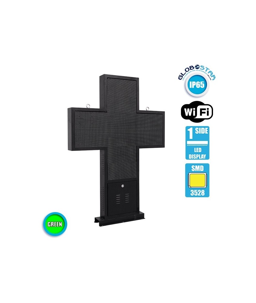 GloboStar® 90346 Κυλιόμενη Ψηφιακή Επιγραφή Σταυρός Φαρμακείου P10 LED SMD AC 220-240V με Wi-Fi - Αδιάβροχή IP54 - Μονής Όψης - Μ100 x Π12 x Υ100cm Πράσινο